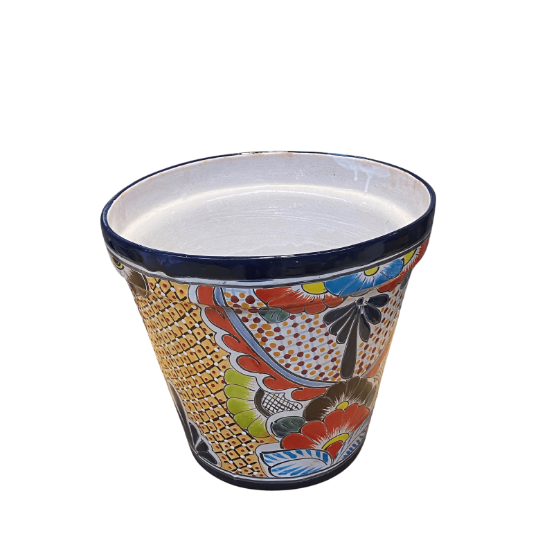 Maceta Vaso 14 - Plantekrukke dia.14 cm - Bl kant med gult net og farvede blomster