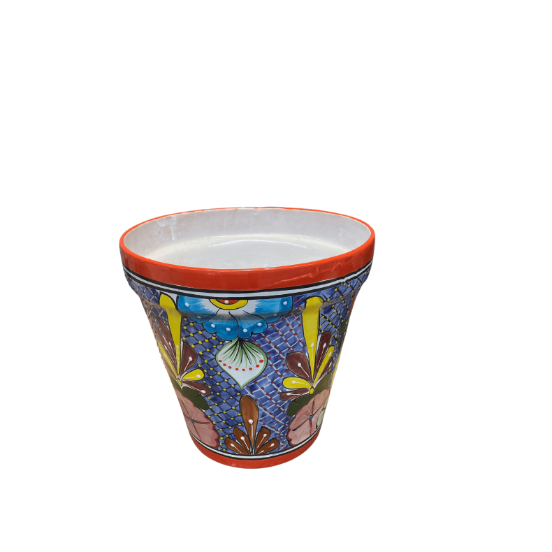 Maceta Vaso 14 - Plantkrukke, dia.14 cm - Orange kant med blt net og farvede blomster
