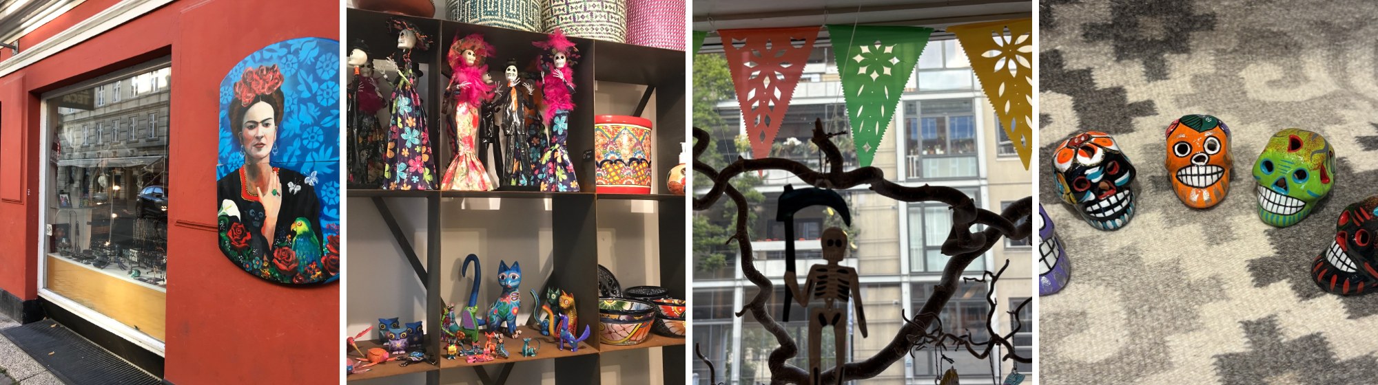 Butikken Zapoteca ved Sankt Hans Torv med catrinas, skeletter, papel picado og calaveras